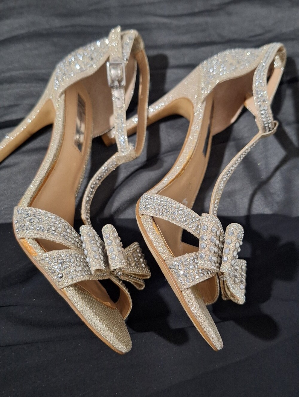 Glitter Crystal Bow Open-Toe Heels in Champagne